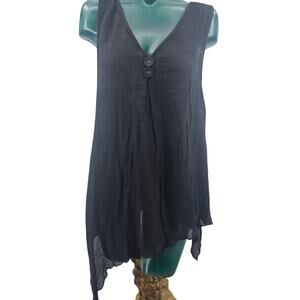 Noelle Knit Boho Sheer High Low Black Tank Dress Top V Neck  Size S/M 3636